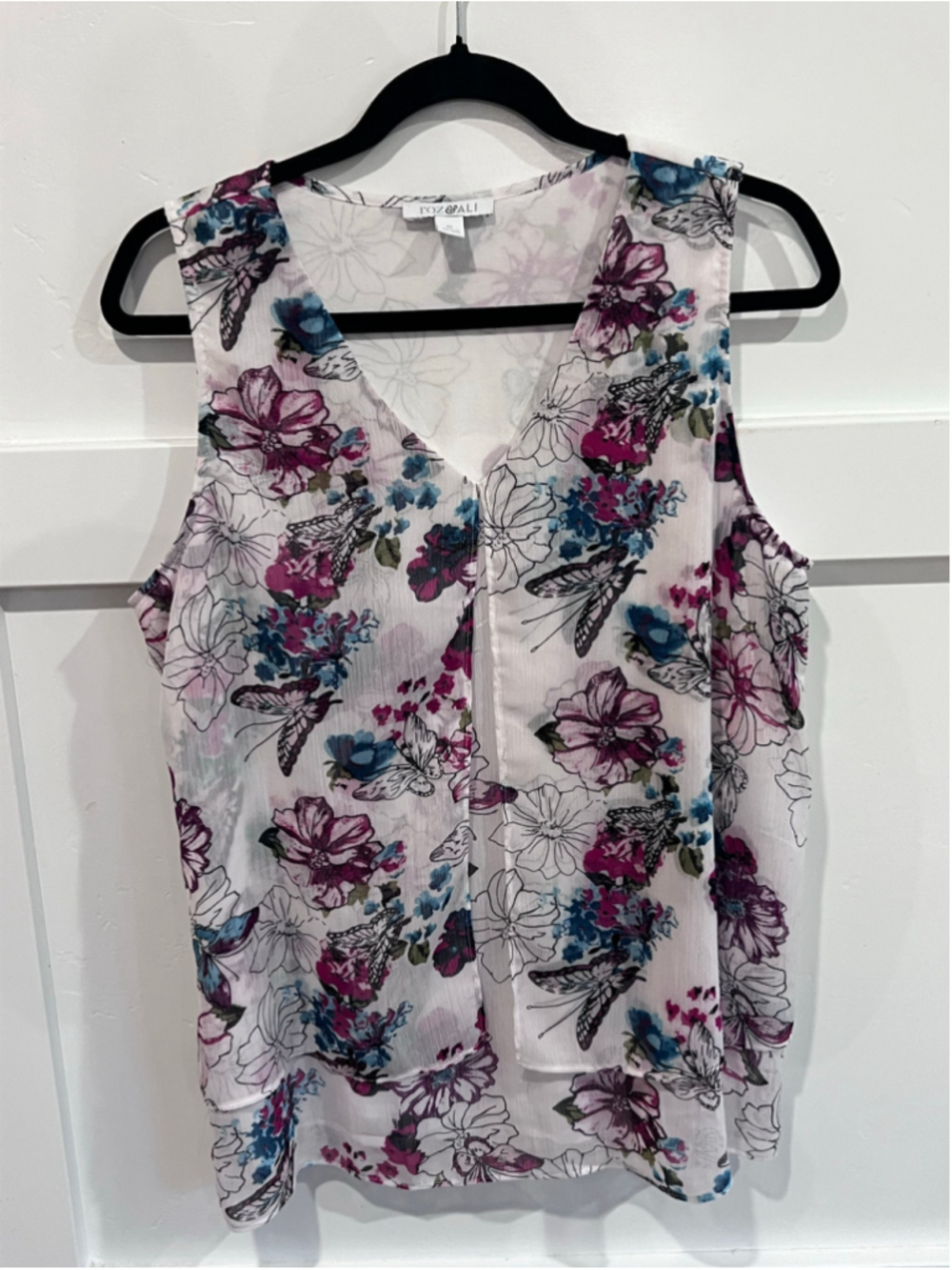 Women's Roz & Ali Floral Butterfly Tank Top Size M White Purple